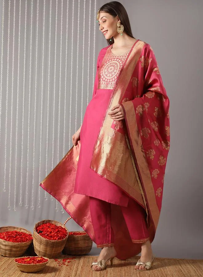 globus Women Pink Round Neck Yoke  Kurta with Pant and Dupatta Set